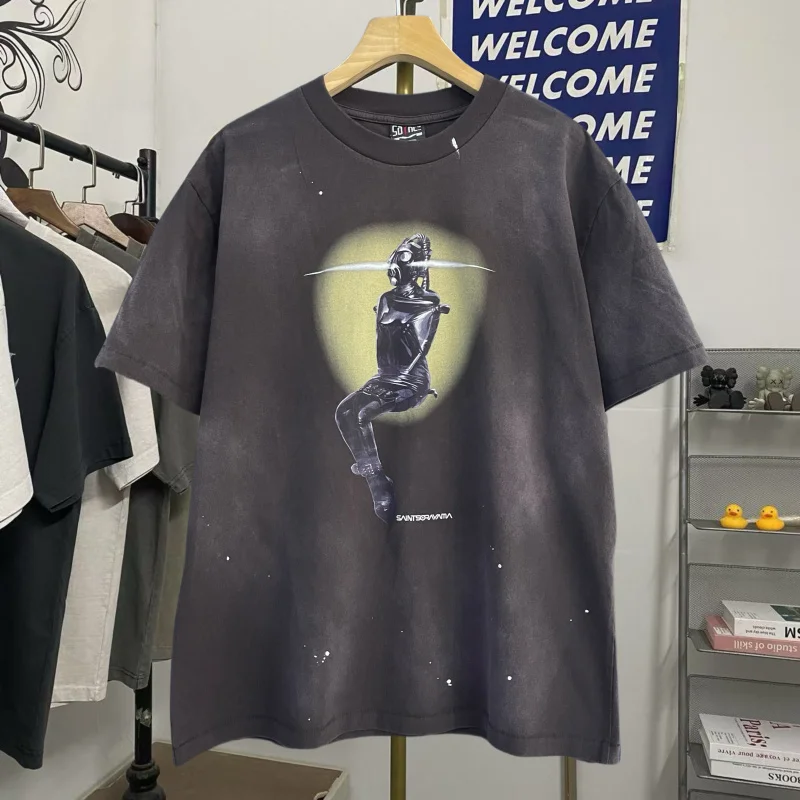 

Waed Vintage American High Street Loose ort Sve T-irt Youth ular Creative Interest Daily Wear Summer round Ne