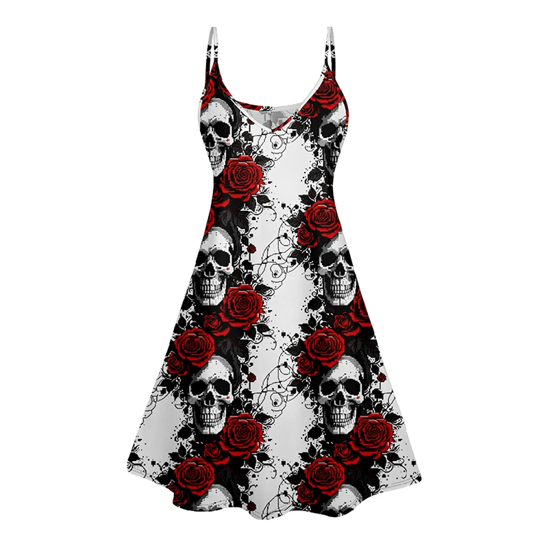 Dressfo 2024 Damen Sommerkleider Schädel Rose Print V-Ausschnitt ärmelloses Sommer Cami Kleid Halloween Sommerkleid