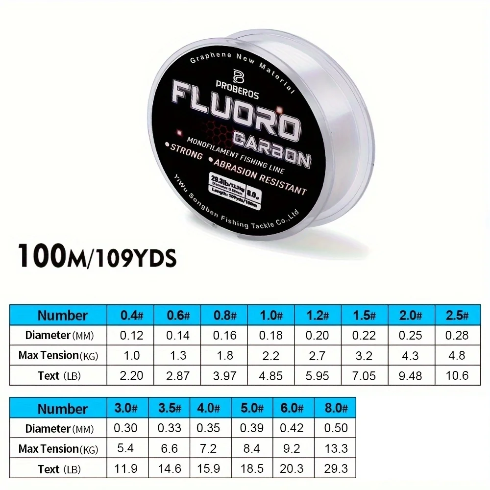 PROBEROS 100M Angelschnur mit Fluorkohlenstoffbeschichtung, 2,2 lb-29,3 lb, Kohlefaser-Monofilament-Vorfachschnur, sinkende Karpfenangelschnur