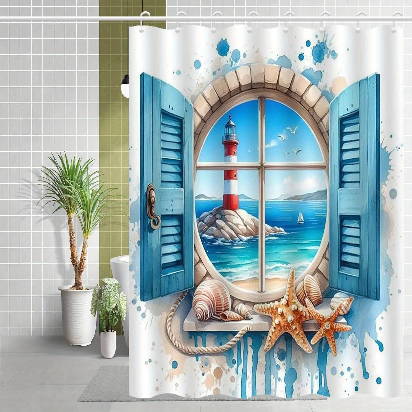 1pc Blue Ocean Shell Lighthouse Shower Curtain, High-end Elegant Bathroom Curtain, Bathroom Decoration Pattern