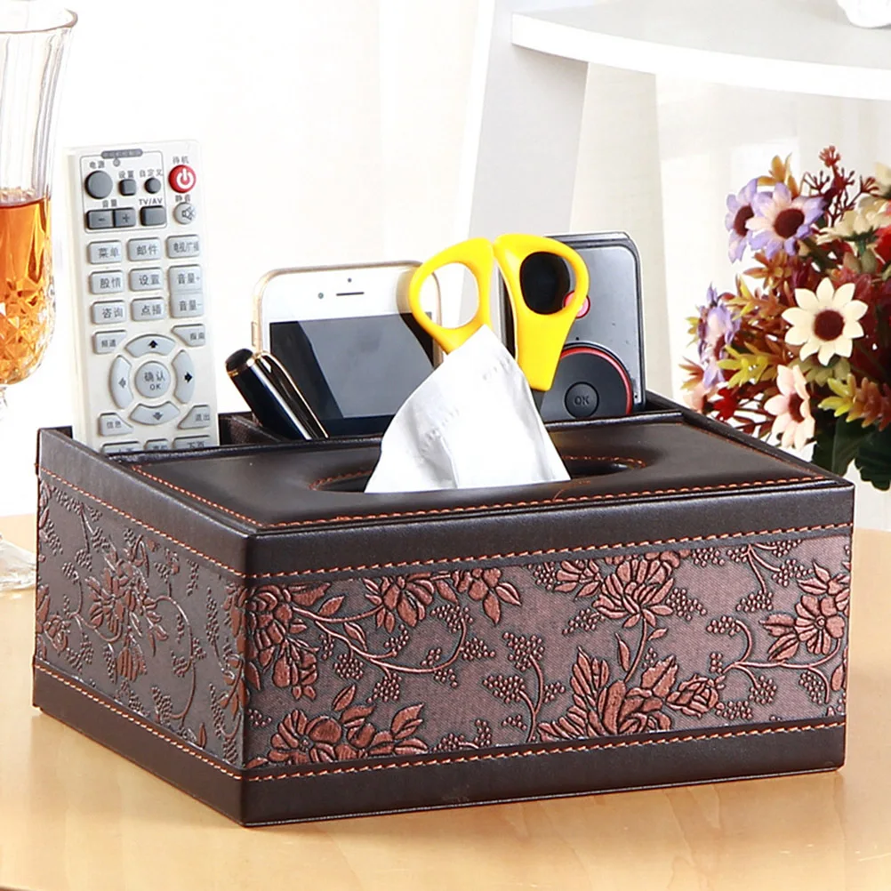 Desktop Organizer with Tissue Box Function PU Multifunctional Pencil Holder Scissor Container for Office Home Car