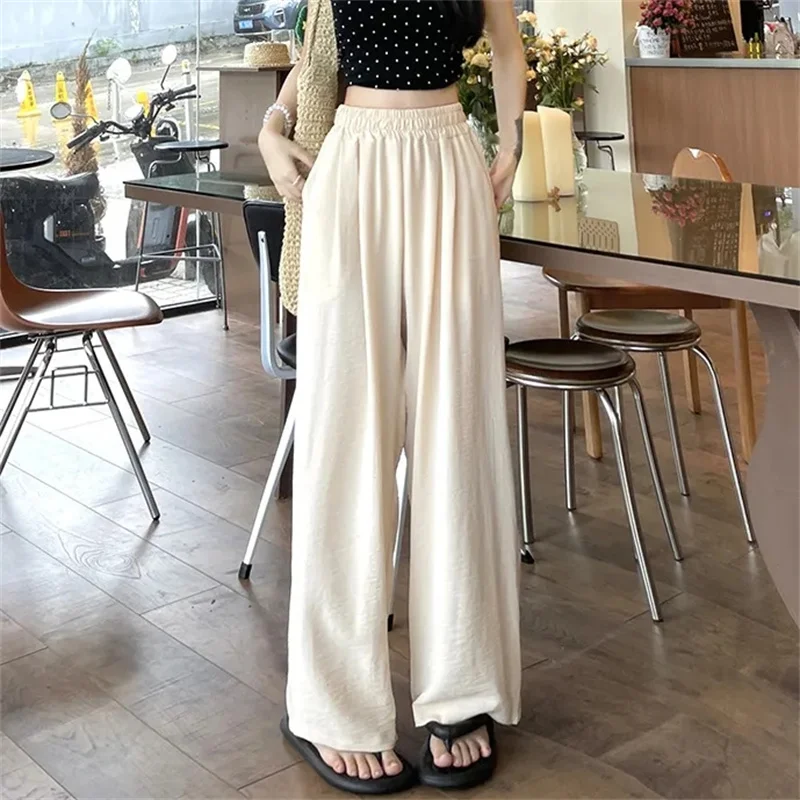 

Летние женские милые красочные брюки из ледяного шелка, женские мешковатые универсальные эластичные прямые брюки, женские широкие брюки с высокой талией