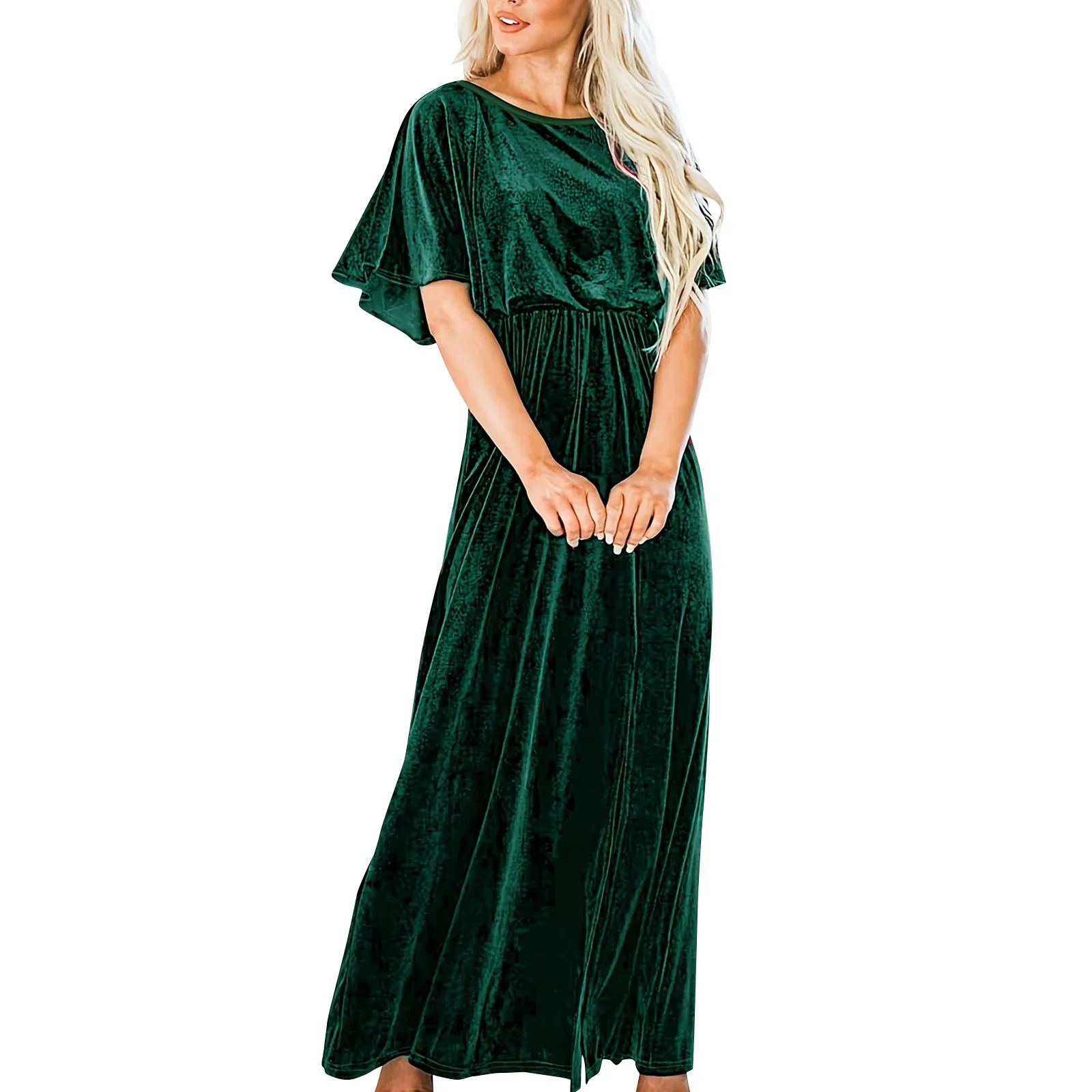 Vestido de noche de invierno 2024 para mujer, vestido largo Maxi de terciopelo con cuello redondo, vestido de fiesta elegante de manga corta, vestido de noche de terciopelo de otoño