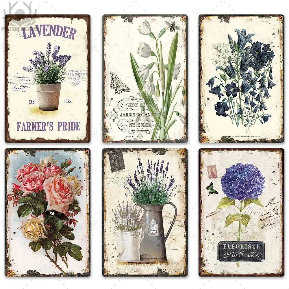 VintageFlowerDecor Blumen-Vintage-Blechschild – Retro-Metallplatte, Shabby-Chic, Wohnzimmer/Esszimmer/Küche, Heimdekoration