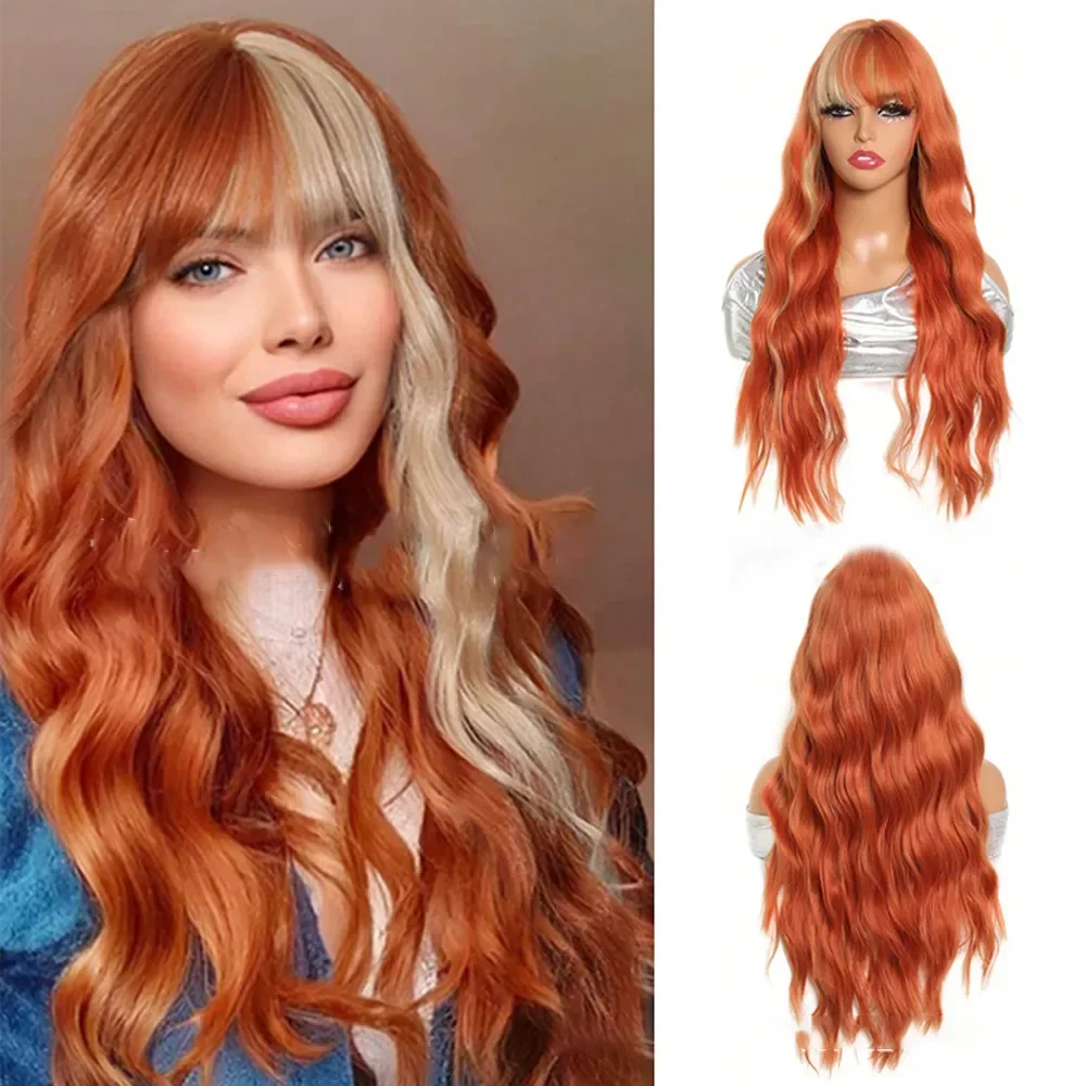 Wig sintetis penutup rambut simulasi ikat kepala atas penuh Wig nada ganda panjang keriting dan bergelombang