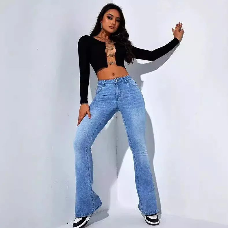 High Waist Slim Jeans, Stretch Slim Straight Jeans, Slight Flare Tapered Jeans, Casual Versatile Comfortable Elastic Denim