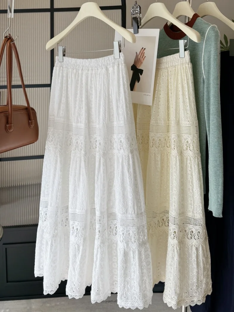 Women's White Beige Eyelet Lace Tiered Midi Skirt Elastic Waist Vintage Embroidered A-line Skirt Boho Vacation Summer Outfits
