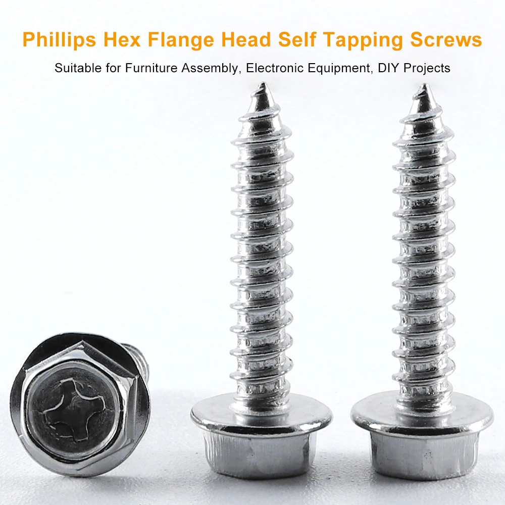JUIDINTO 1-20pcs/bag 304 Stainless Steel Phillips Hex Washer Head Self Tapping Screws M3-M10 Cross Hex Flange Head Screws Bolts