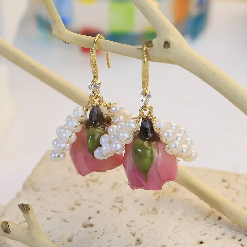 

Red Diamond Flower Pearl Earrings 18K Gold Plated Copper, Preserved Rose & AAA Pearls with Crystal Accents, Anniversary Gift