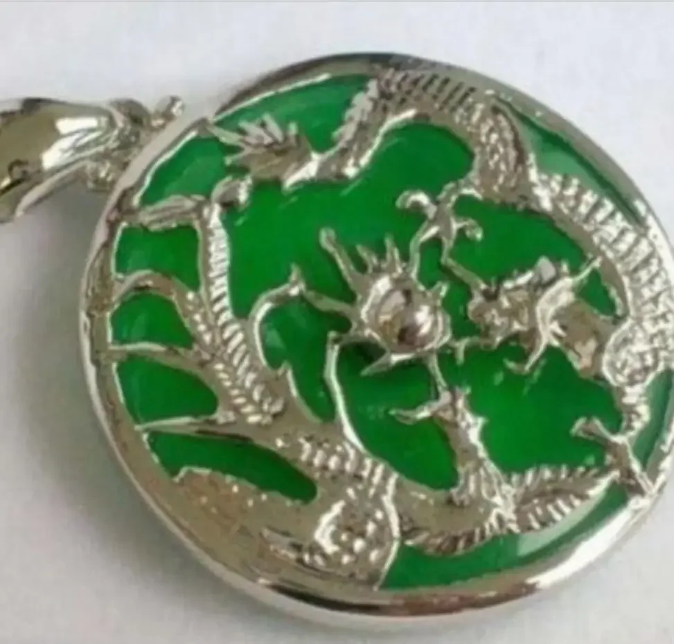 

Green JADE Silvered Dragon Phoenix Pendant and Necklace