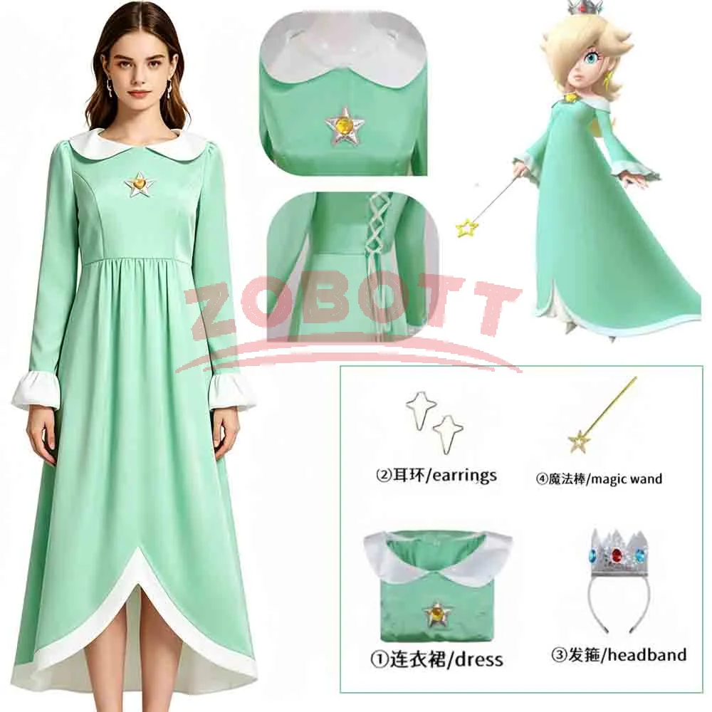 Halloween Karneval Prinzessin Peach Cosplay Blaues Kleid Mit Krone Zauberstab Prinzessinnen-Kostüm-Set