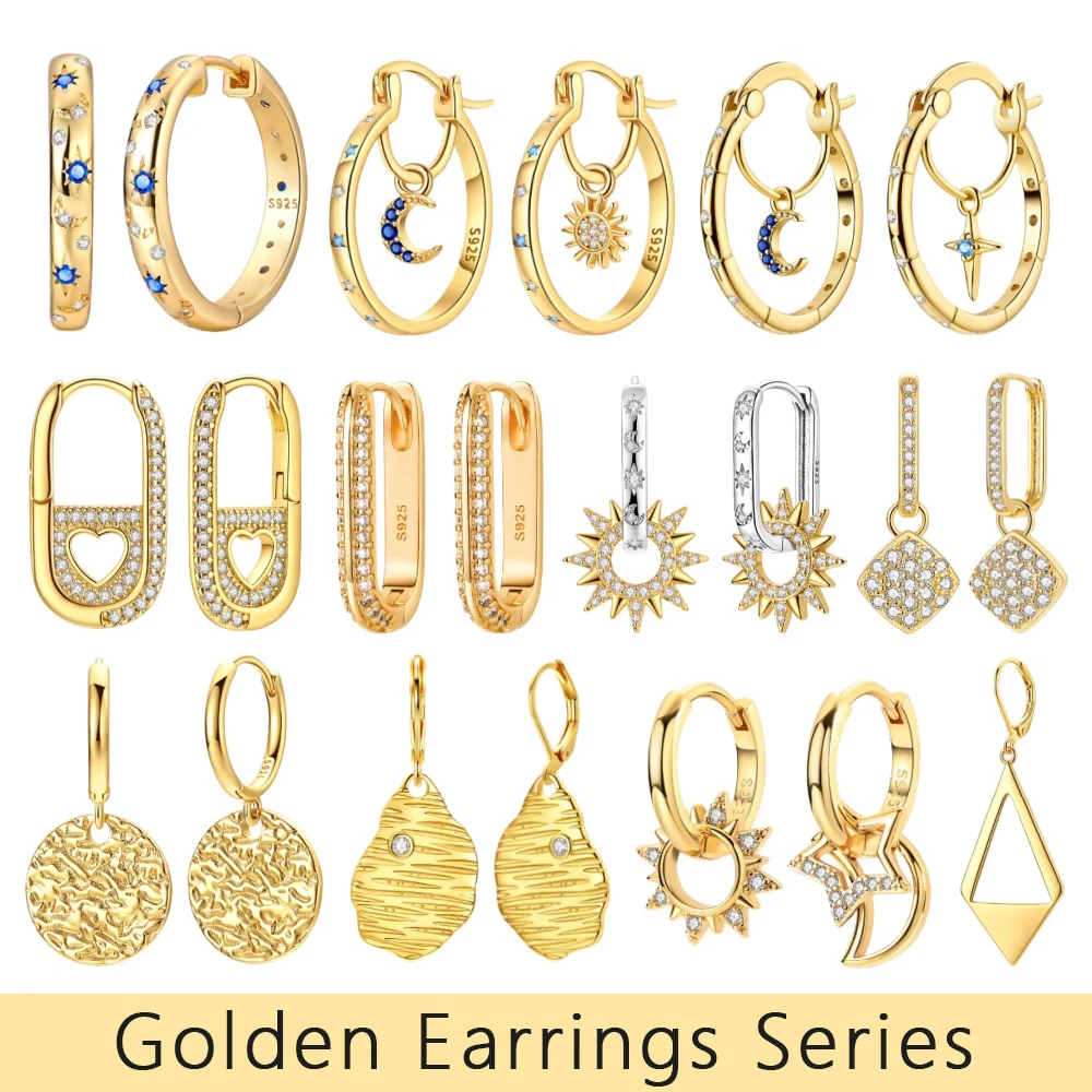 Pendientes de Plata de Ley 925 Dorados para Mujer, Aros con Circonitas Cúbicas, Pendientes Brillantes con Diseño de Luna y Sol, Regalo de Aniversario de Bodas