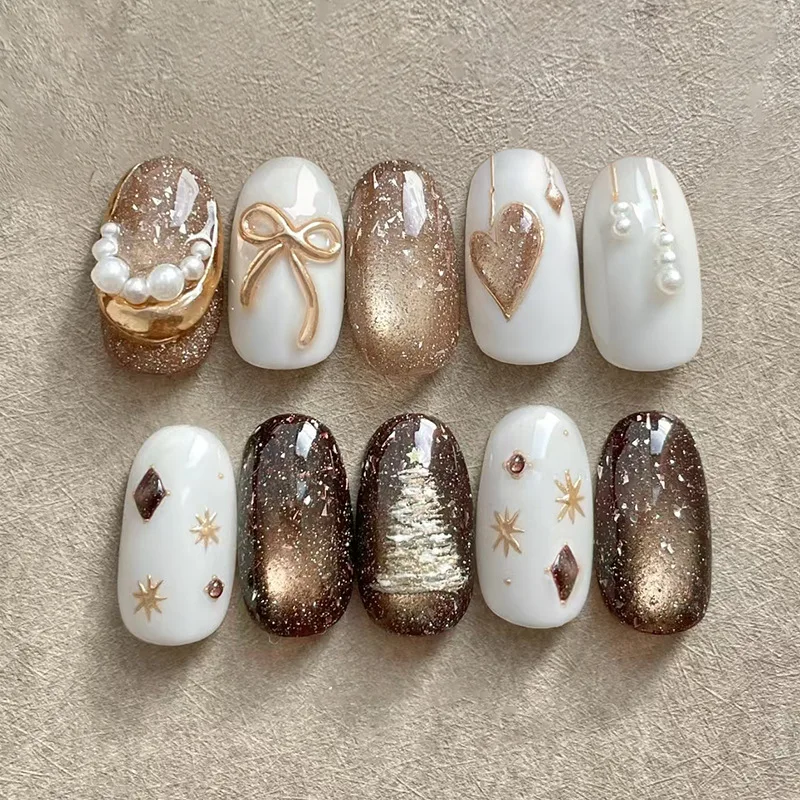 30pcs Champagne Gold Cat-Eye Press on Nails 3D Pearl Heart-Shaped Bow and Star-Spangled False Nail Short Almond Fake Nail Art