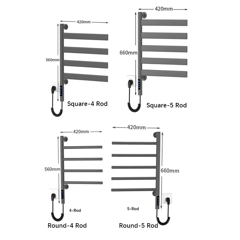 Warmer Temperature Time Control Electric Towel Rack Wall Mounted Fast Drying Heated Towel Rail Black Rotatable Bathroom Towel