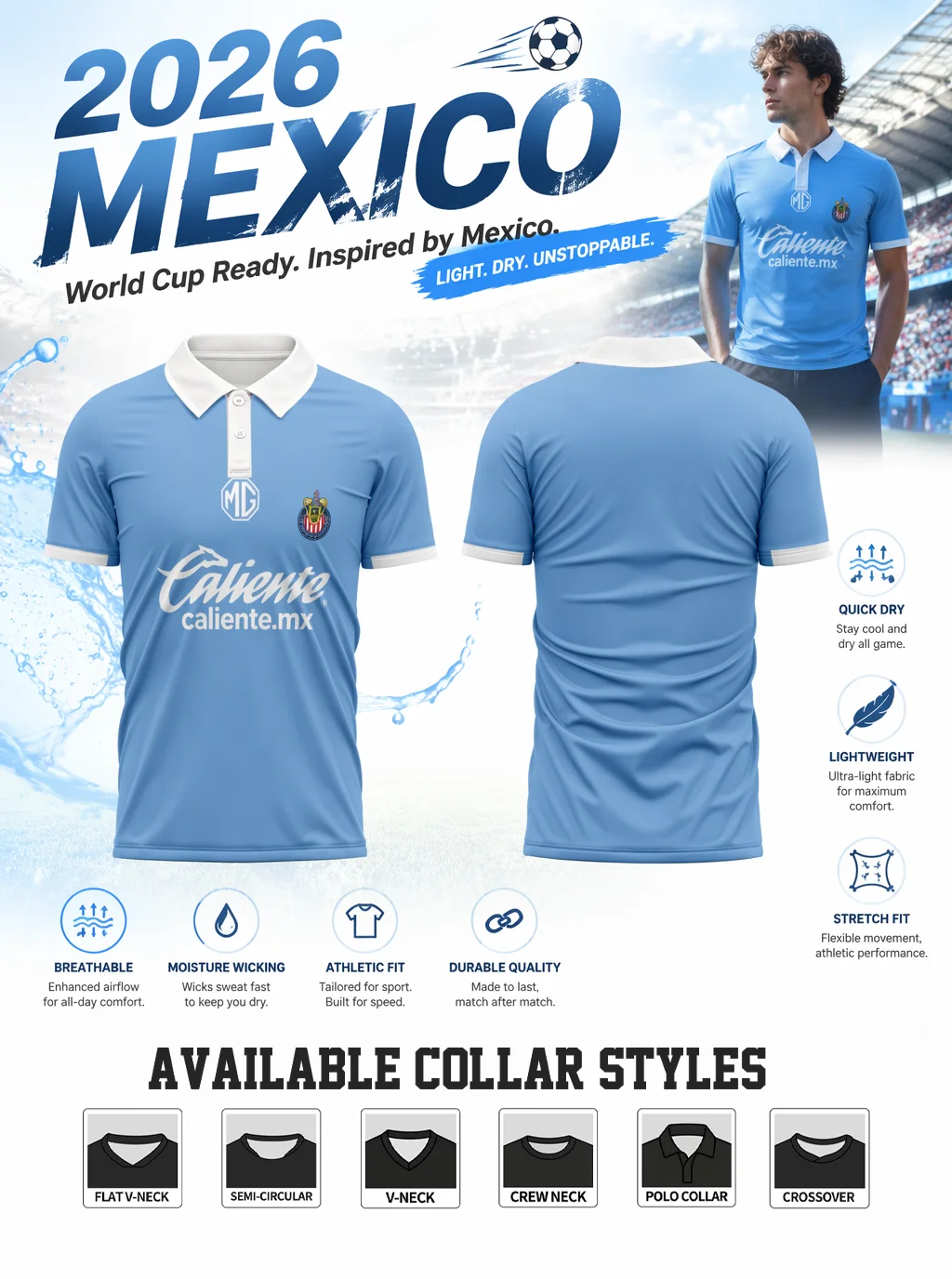 Light blue Mexico Chivas soccer polo jersey. Quick dry fabric, great for soccer fans daily & match wear
