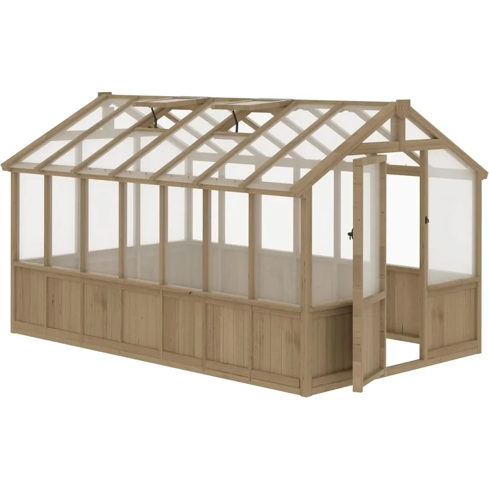 6x12 FT Greenhouse Kit, Polycarbonate Wooden Walk-in Green House with Lockable Door and Adjustable Roof Vent, Greenhouses