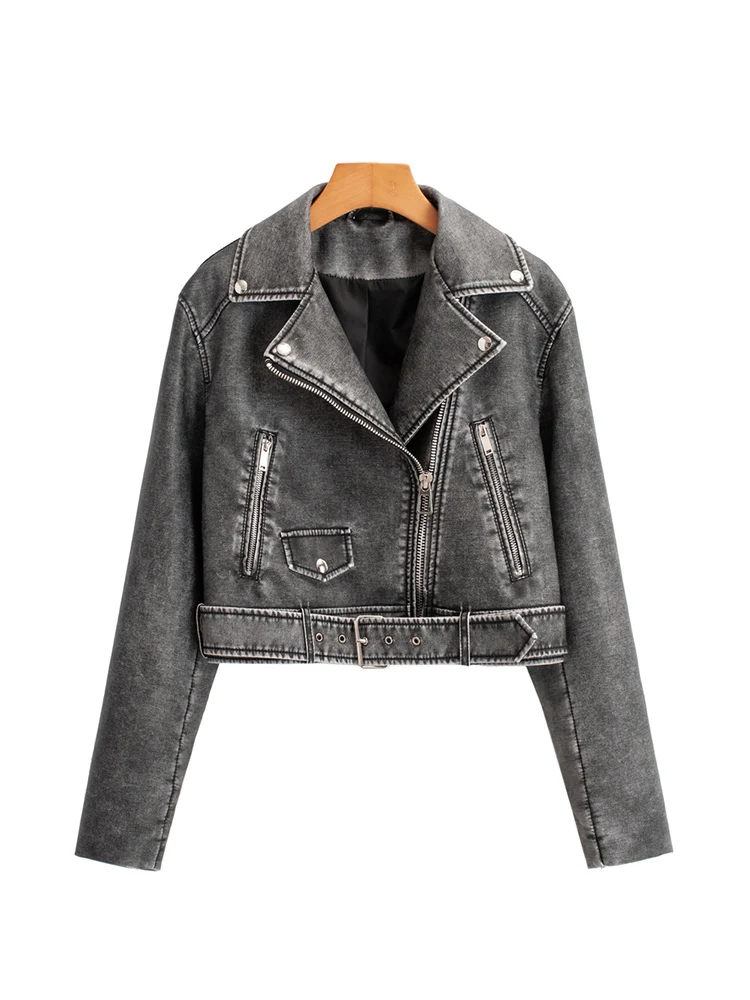 Ailegogo Vintage Women Loose Pu Faux Leather Short Jacket with Belt Streetwear Female Moto Biker Zipper Lapel Coat Outwear