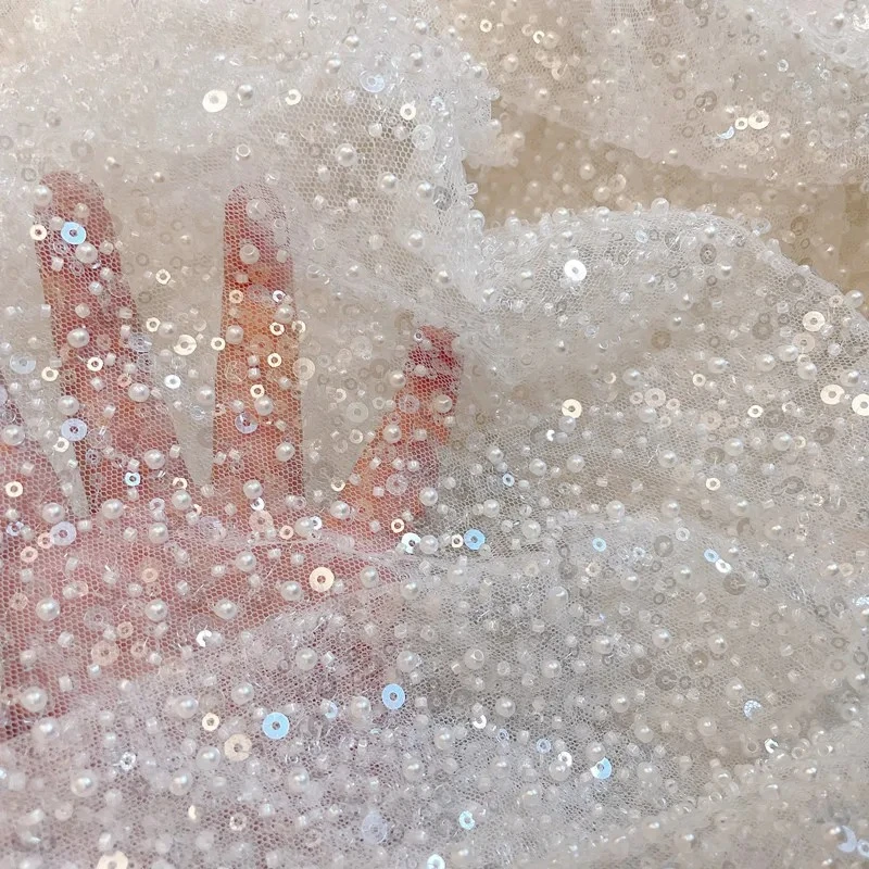 

High Quality New Bridal Lace Fabric, Off White, Beaded Sequin,3D Wedding Dress, Advanced Custom-made Sewing Fabric Accessories