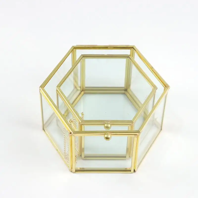 Sechseckige Ringbox Gold und Schmuckzubehörbox Goldene Glas Luxuriöse und Retro Schmuckaufbewahrungsbox – Detail 9