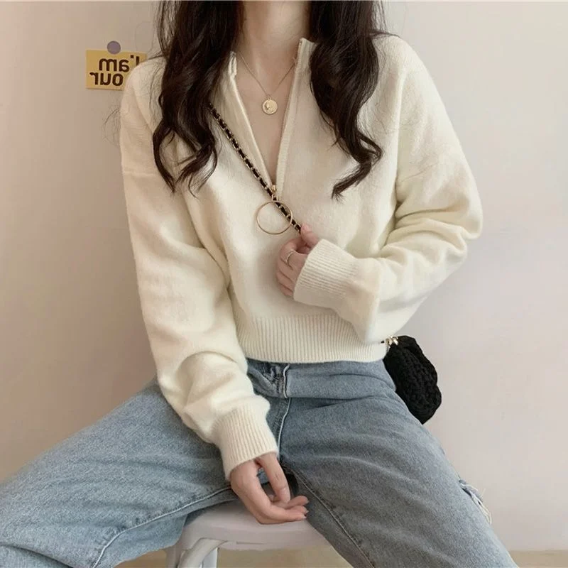 

Retro Design Zipper Base Sweater for Women in Autumn and Winter New Loose Pullover Knit Top