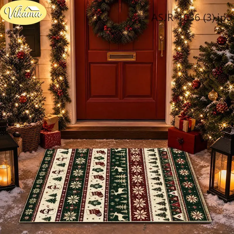 VIKAMA Christmas Large Rug Reindeer Tree Stockings Stripes Extra Thick Carpet Rug for Living Room Bedroom Xmas New Year Decor
