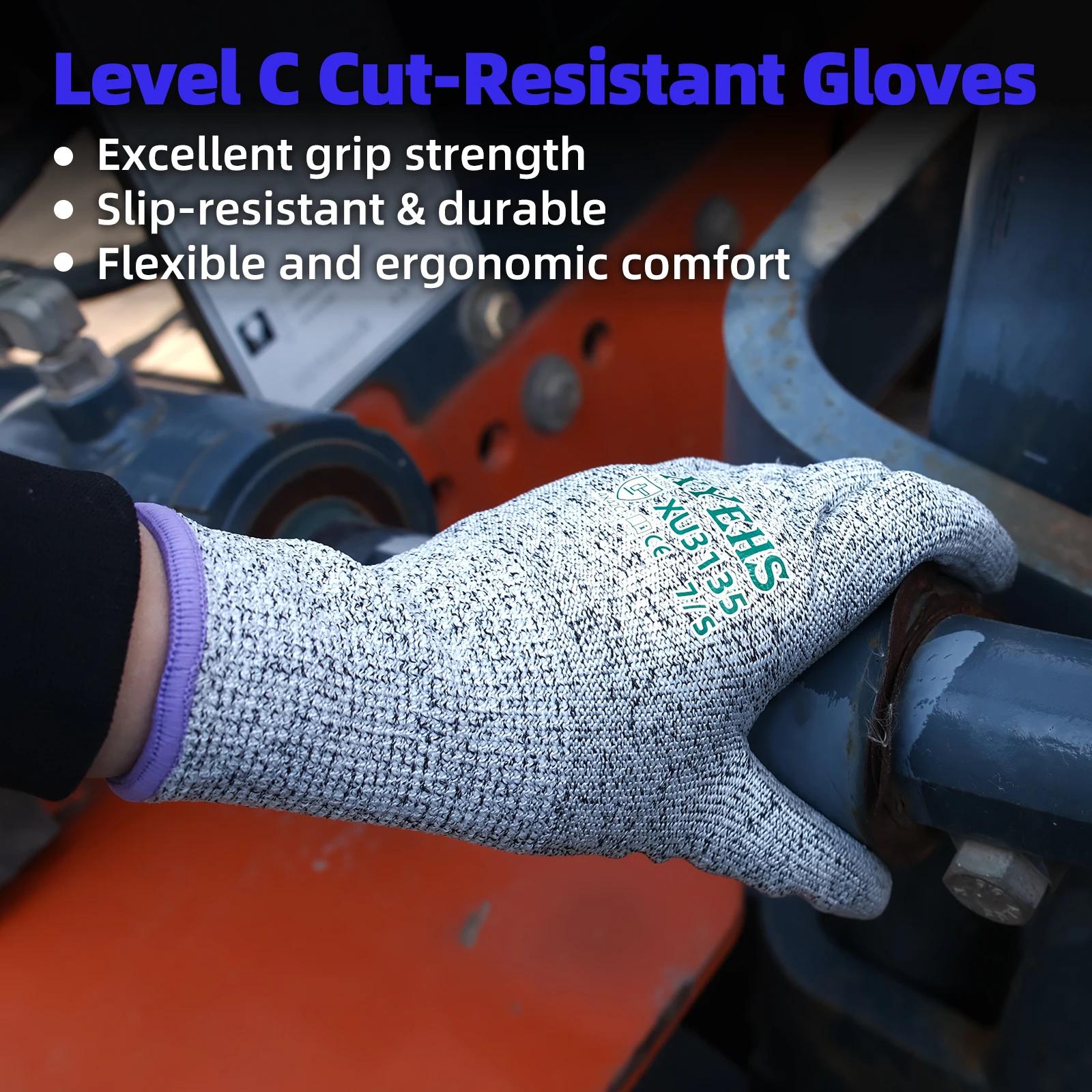 XYEHS Level C Cut Resistant Gloves 13G HPPE Fiberglass Liner PU Dipped Coated Non-slip Wear-resistant Safety Work Gloves
