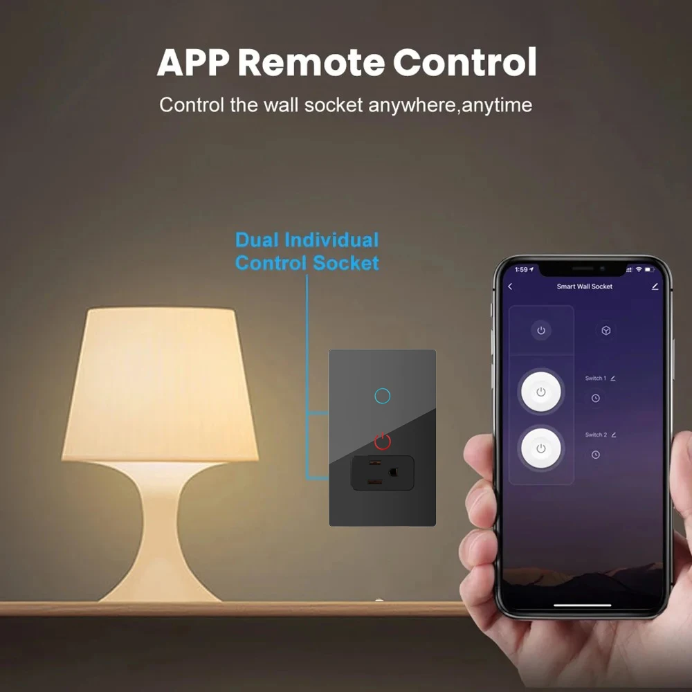 Wifi Smart Tuya Light Switch Intelligent Wall Socket American Mexico US Plug Outlet Glass Panel Control by Alexa Google Home