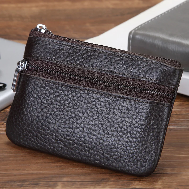 Leather 2 Zipper Coin Purse Wallet With Card Slots, Coin Organizer, Change Holder,Card Case, Leather Zipper Storage Bag for Men