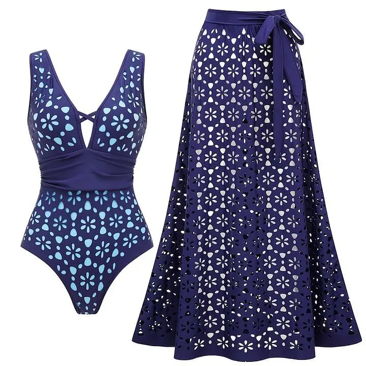 Flaxmaker-bañador y faldas huecos de Color sólido, traje de baño Sexy con cuello de pico, traje de baño de una pieza con láser, Monokini, traje de baño sin espalda