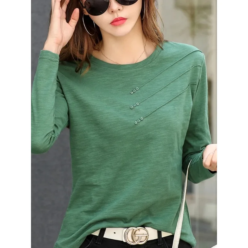 

AOSSVIAO Summer Women Ribbed Cotton Tee-Shirts Female Button Loose Casual Fashion T-shirts 2024 Long Sleeve O-Neck Korea Tops