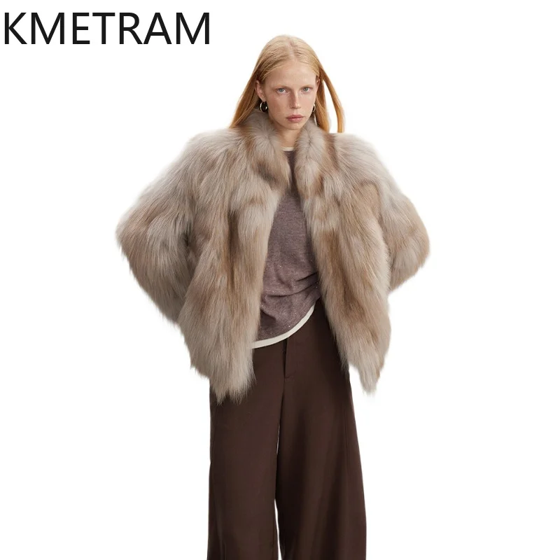 KMETRAM Real Fox Fur Jacket Women 2026 Elegant Real Fur Coat Stand Collar Winter Jacket for Women Fur Overcoat Jaqueta Feminina
