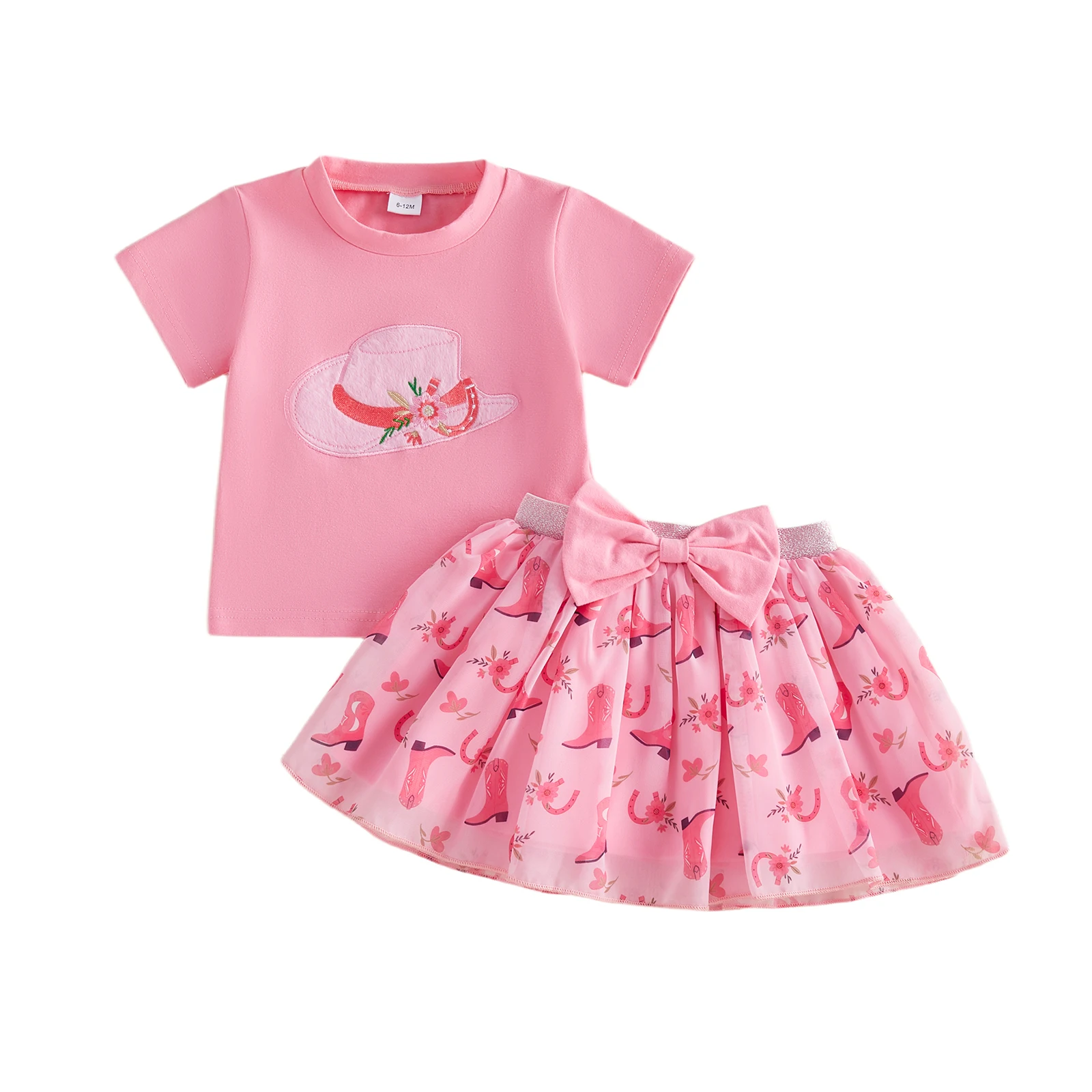 

Kids Girl Summer Outfit Cowgirl Hat Embroidery Short Sleeve T-Shirt and Floral Boot Pattern Skirt 2 Pcs Set