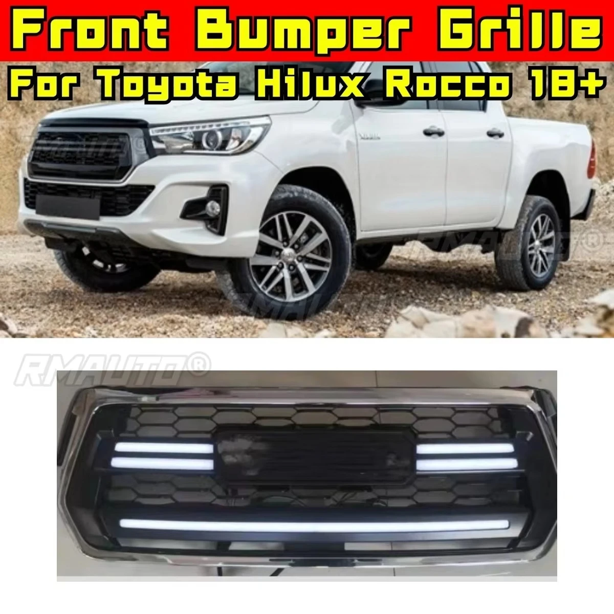 Parachoques de coche, parrilla LED, parrillas de carreras, Kit de carrocería de parrilla, parrillas de parachoques delantero, parrillas de carreras para Toyota Hilux Rocco 18+, parte exterior