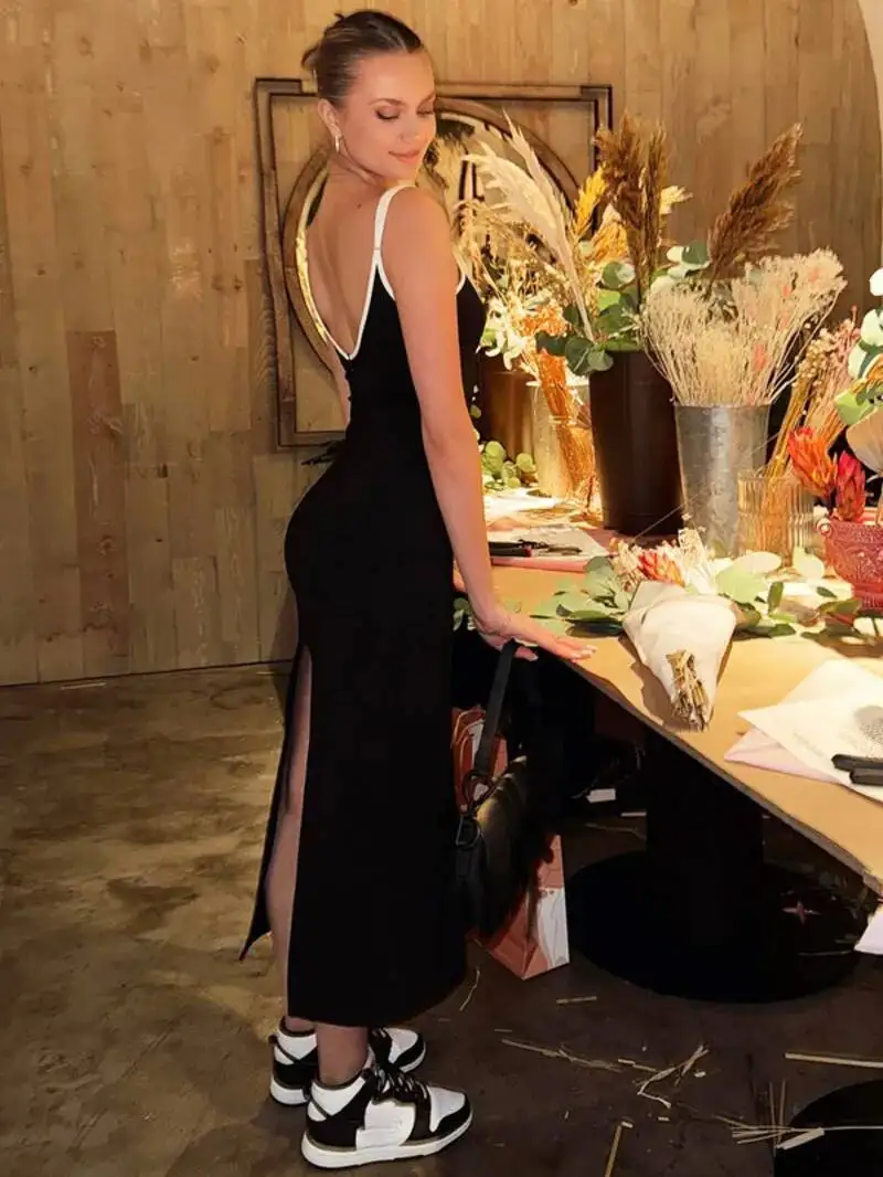 2025 Women Elegant Color Block V Neck Slips Lace Up Slit Sexy Slim Maxi Prom Dress Summer Clothes Party Vacation Club NBW8