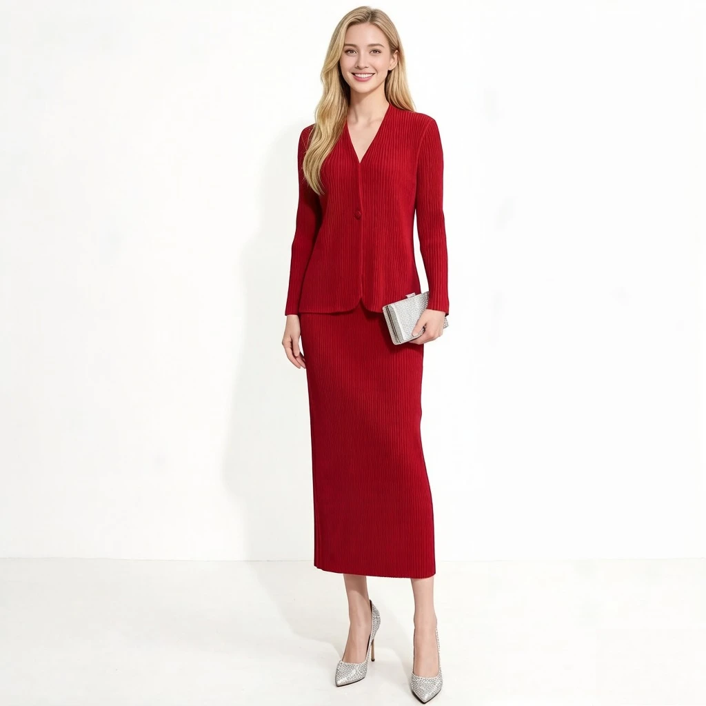 

Miyake Pleated Spring and Autumn Suit, Women's V-neck Long Sleeved Suit Jacket, High Waist Half Body Long Skirt Two-piece Set