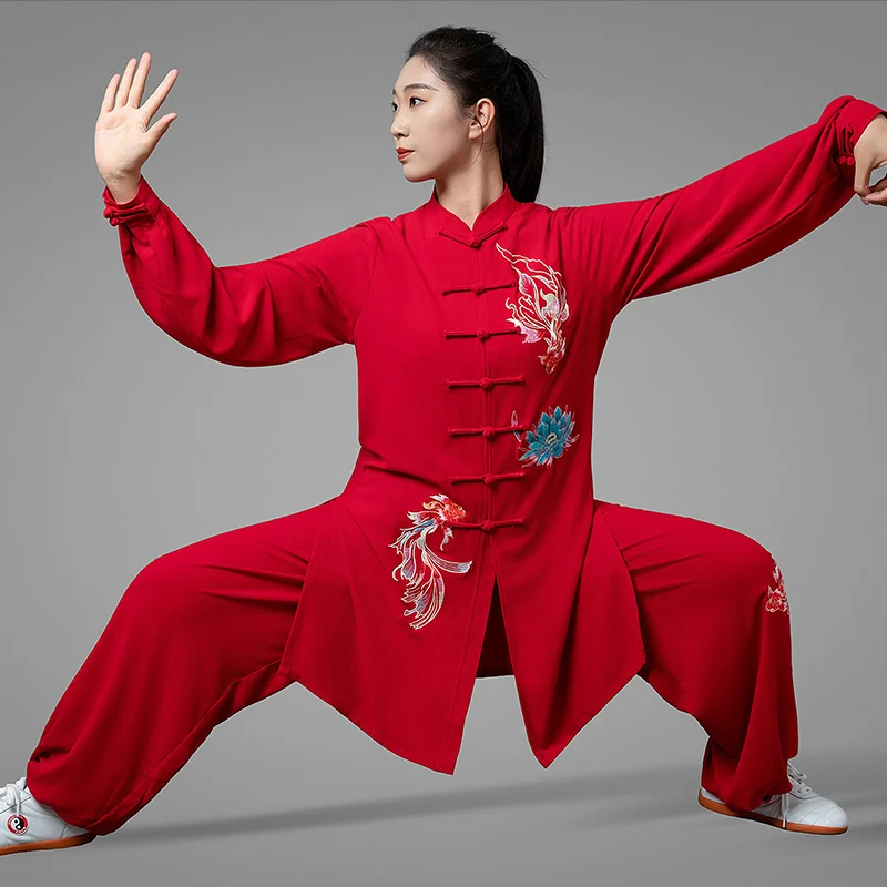Unisex Red White Koi Embroidery Tai Chi Suit - High-End Double Silk Hemp Spring Summer Martial Arts Qigong Uniform