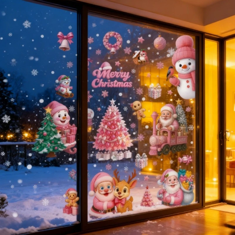 Anello fortunato Alce rosa Fiocco di neve Slitta Palloncino Albero Fiocco di neve Festivo Cartone animato Adesivo per finestra in PVC per il negozio di casa Festival di primavera