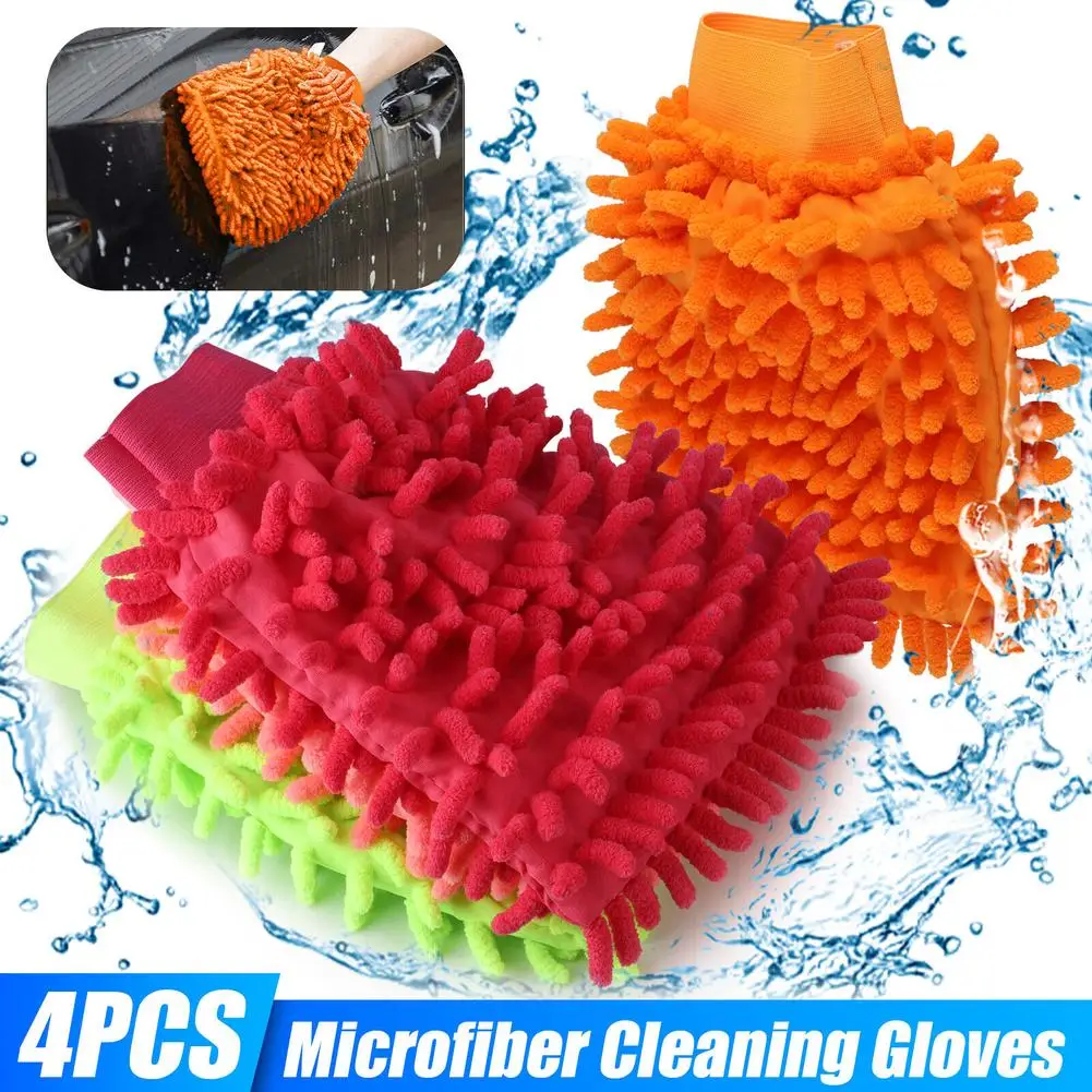 

4Pcs Car Washing Gloves Mitt Microfiber Chenille Premium Scratch-Free Detailing Cleaning Gloves Rag Dual Sided Wash Mitts