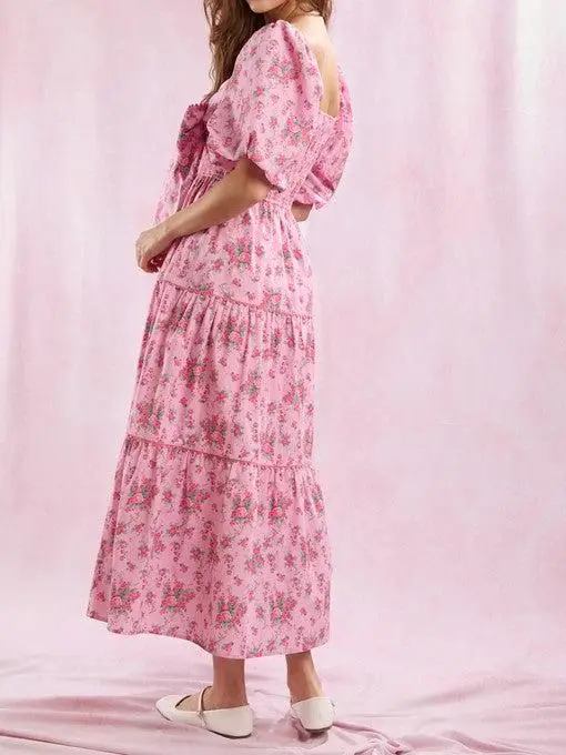 Nuovo abito da donna a maniche corte a trapezio casual estivo con stampa floreale collo quadrato abito da festa con fiocco grande per cocktail streetwear SML