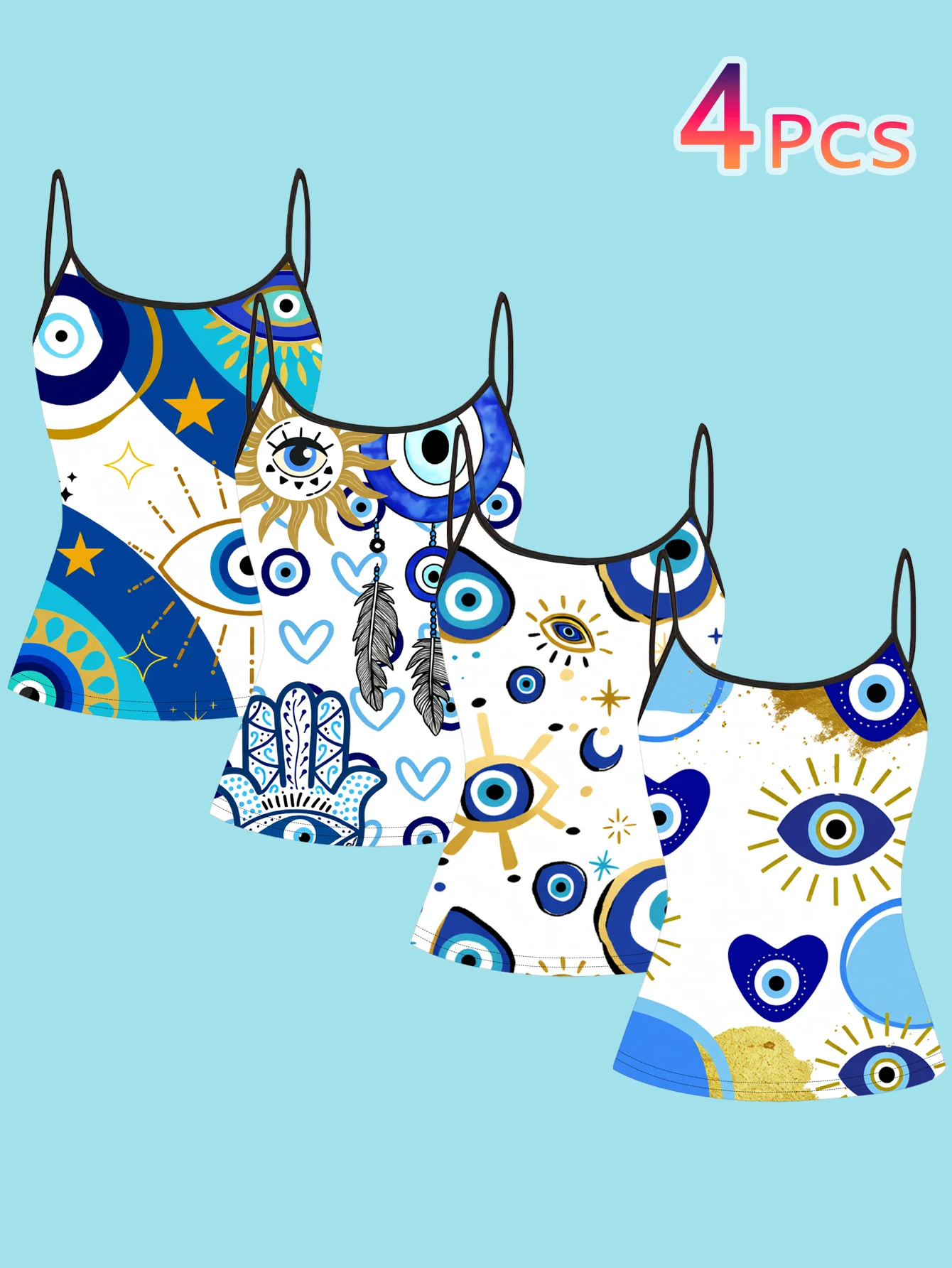 4-Piece Set of Women's Blue and Gold Evil Eye Print Camisoles, Turkish Evil Eye, Star, Moon, Sun, Fatima's Hand Slim-Fit Spaghetti Strap Inner Tops
