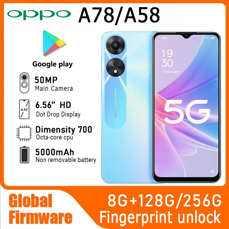 OPPO A58/A78 5G Smartphone Wereldwijde firmware MTK Afmeting 700 RAM 8 GB ROM 256 GB 6.56 "Hoofdcamera 50 MP 5000 mAh batterij