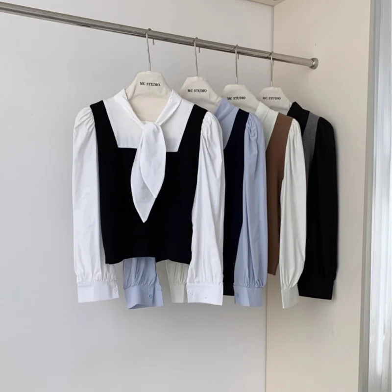 Design Sensation Kaninchen Ohr Fliege Gestrickte Patchwork Lange Sve frauen irt Herbst Vielseitig Bogen Top Koreanische Sle Lose fit