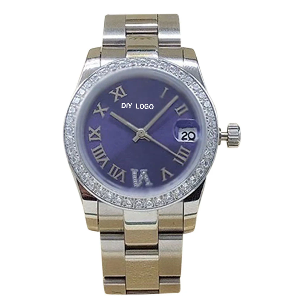 

Customized 31mm elegant ladies' diamond watch with logo, mechanical movement, Roman number, a gift for women