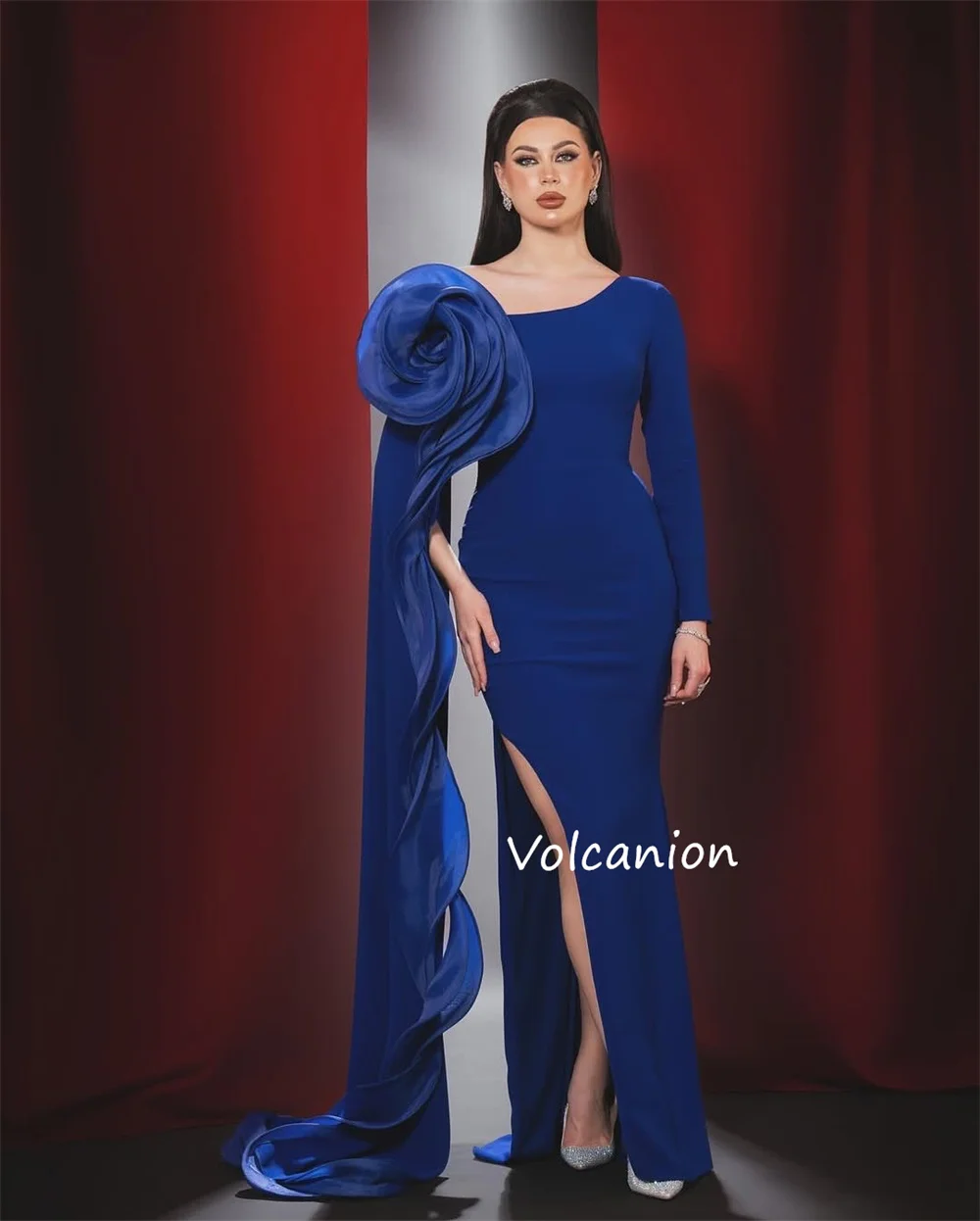 تخصيص جيرسي اليدوية زهرة خارج على الكتف فساتين طويلة غير متناظرة مناسبة مخصصة أزياء أنيقة مطابقة