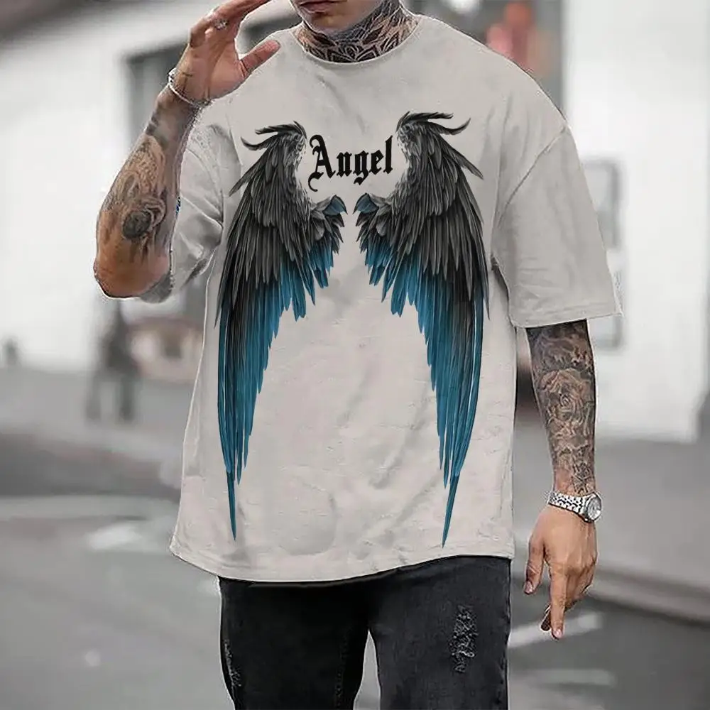 Men\'s T-Shirt With Wing Pattern Printed T-Shirt Casual Short Sleeved T-Shirts Oversized Men Clothing Tops Outdoor Street Clothes