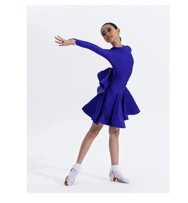 

Girls Latin Dance Competition Clothing Glossy Fabric Long Sleeves Dance Dress Kids Cha Rumba Dance Practice Training Wear