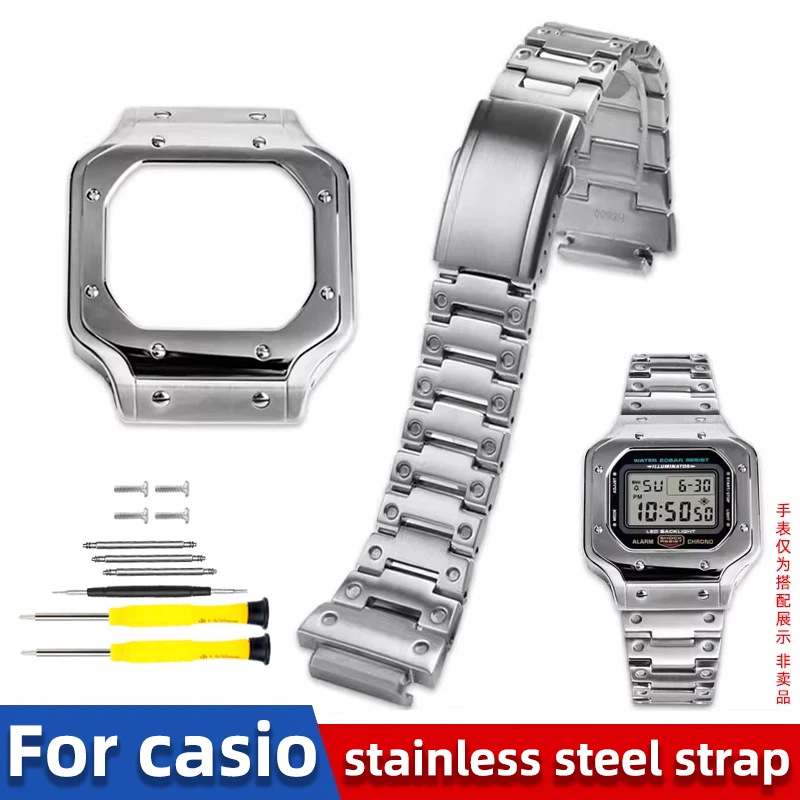 حافظة وحزام من الفولاذ المقاوم للصدأ لـ Casio G-Shock DW5600/DW5610/GW-5600 | استبدال حزام معدني مقاوم للصدمات | ترقية سوار