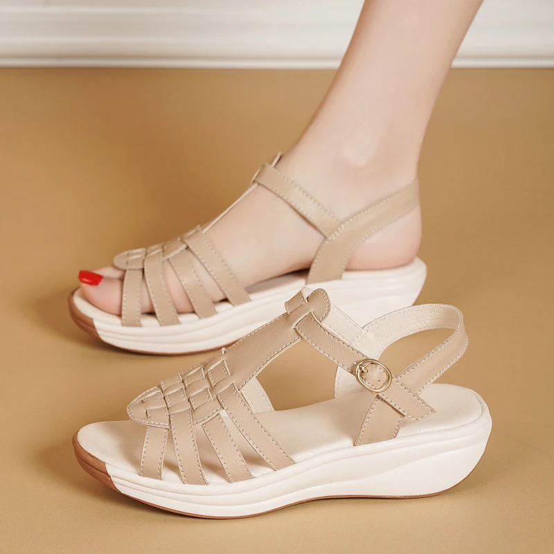 الكاحل مشبك صندل خشبي للنساء صيف 2024 المرقعة منصة تنفس الراحة عدم الانزلاق لينة وحيد صنادل طراز جلاديتور #4