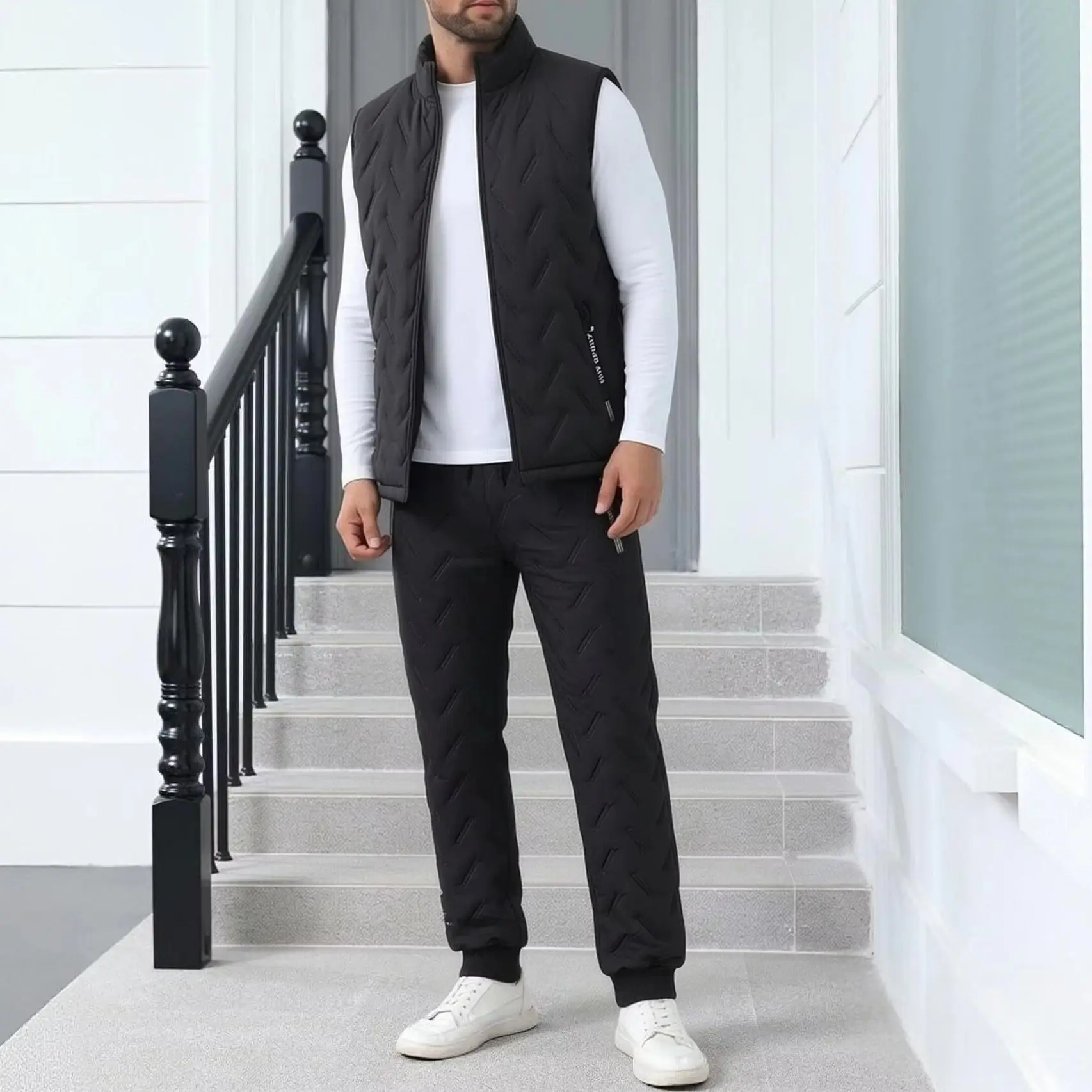 Immagine 6: Completo invernale da uomo composto da due pezzi: gilet imbottito con fodera in pile e pantaloni termici in cotone, antivento, caldo e casual.