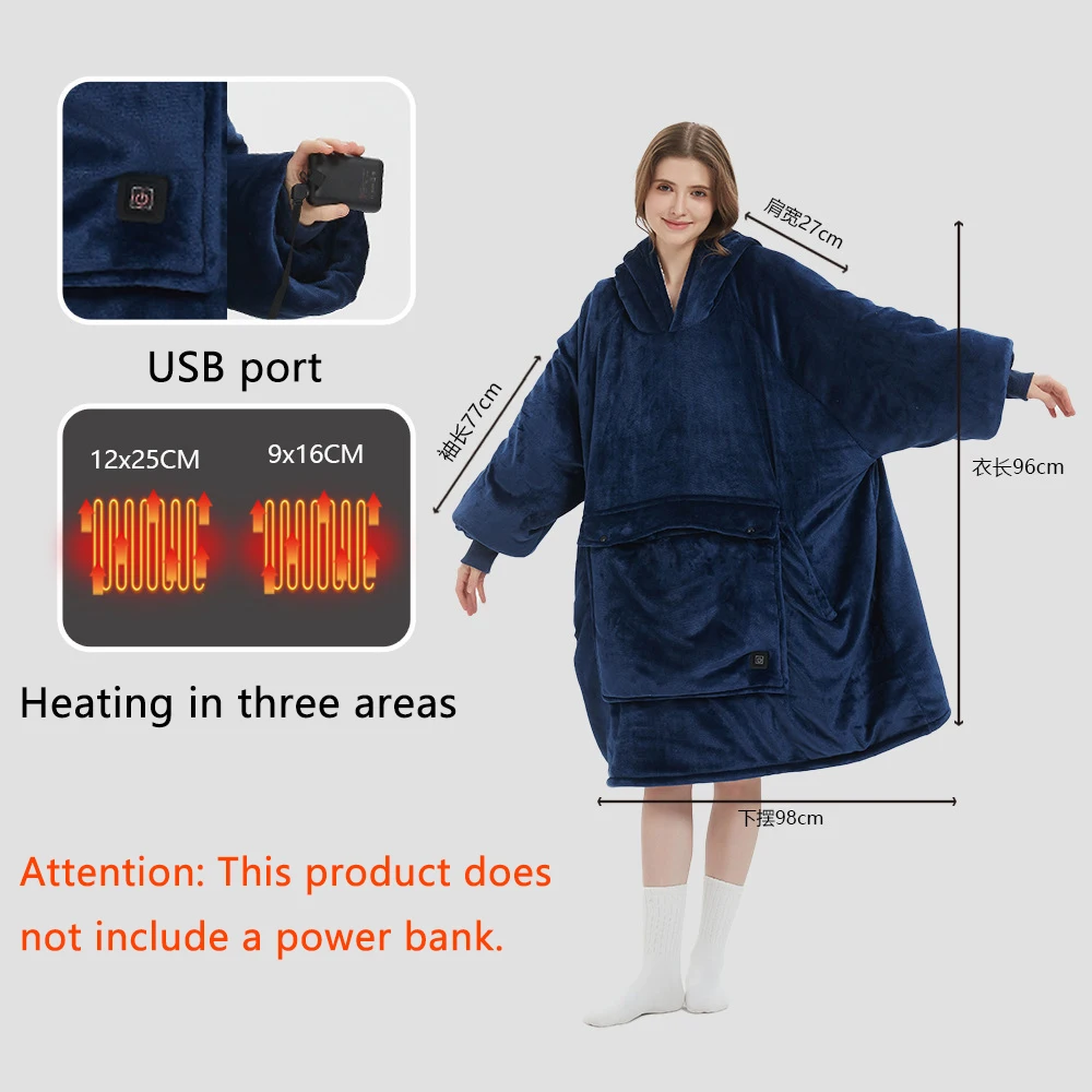 Outdoor USB Heating Blanket Hooded Lazy Blanket Flannel Lamb Fleece Double-layer Thick Couple Sleepwear Enlarged Pocket Pajamas